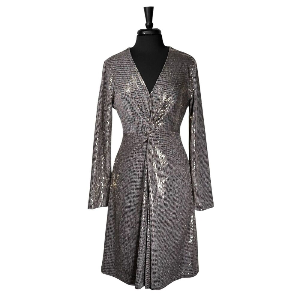Elie Tahari Womens 14 Gold Sequin Cocktail Dress Metallic Long Sleeve Party NWT